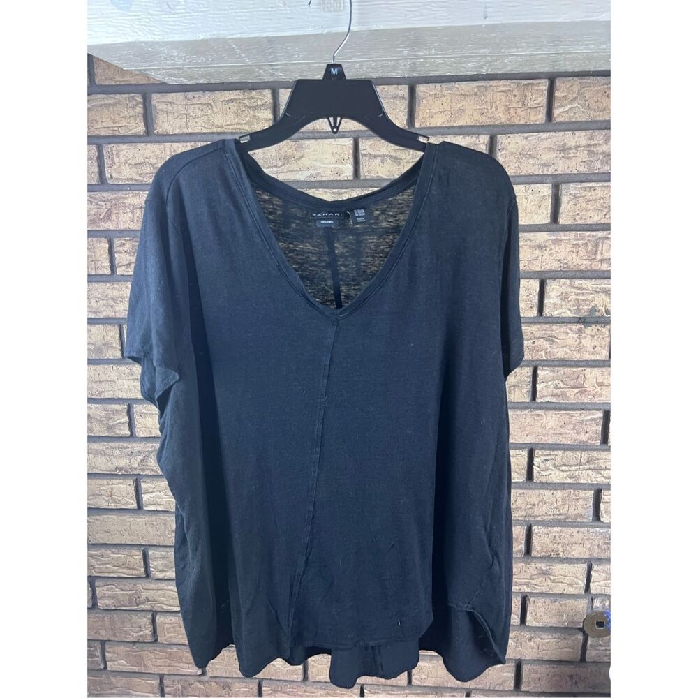 Tahari Sheer Stretchy Top Black Short Sleeve Mesh Neckline Rayon Spandex Women 3